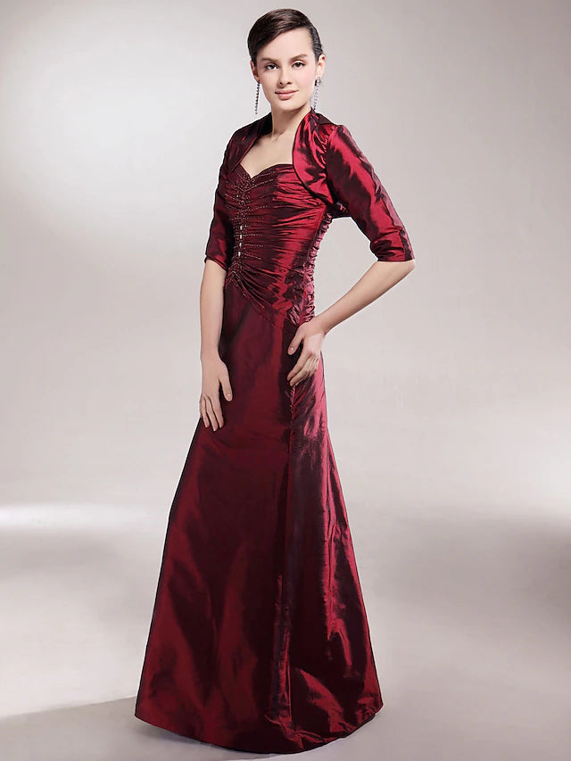 A-Linien-Kleid für die Brautmutter, Übergröße, elegant, sexy, Herzausschnitt, Spaghettiträger, bodenlang, ärmellos, Taft, mit gerüschter Perlenstickerei, seitliche Drapierung